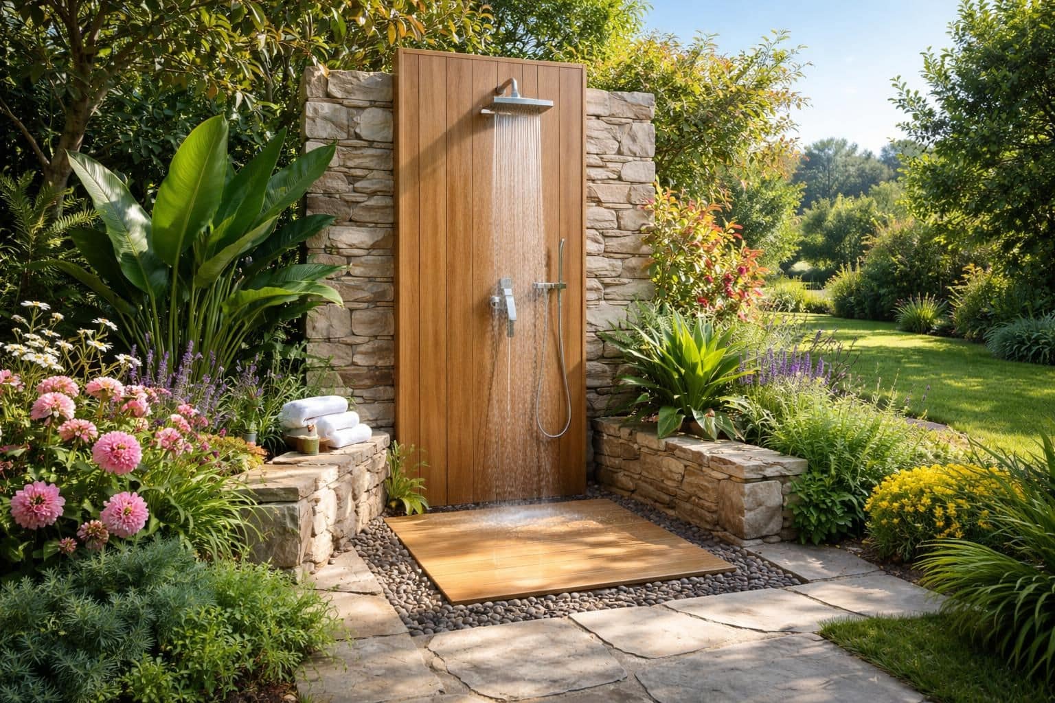 découvrez nos idées d'aménagement pour créer une douche extérieure conviviale et pratique, un coin d'eau rafraîchissant au cœur de votre jardin.