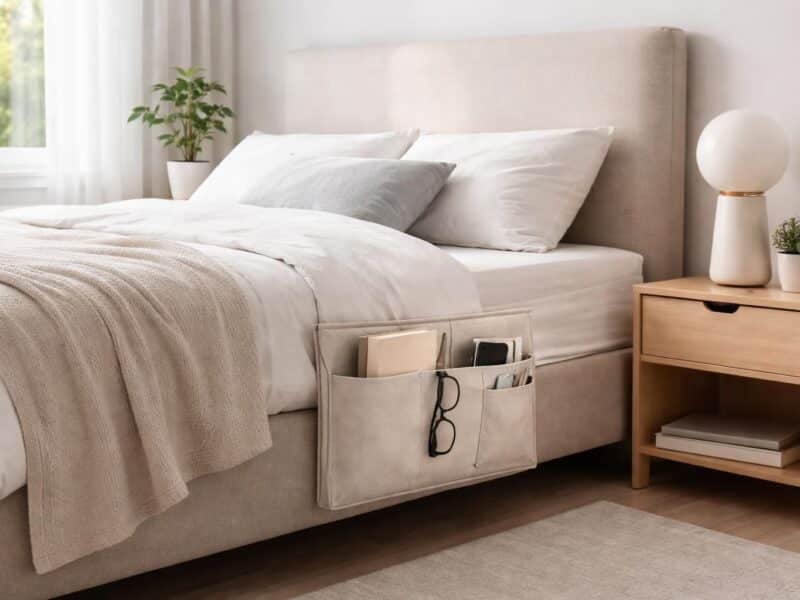 Pochette de rangement de lit : l&rsquo;astuce pour une table de nuit ordonnée