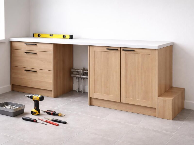 Poser un meuble de cuisine bas avec coffrage pour cacher les tuyaux