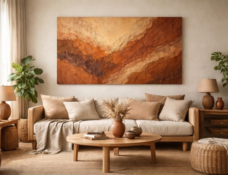 Tableau terracotta au salon : la nuance chaude pour une décoration de terre