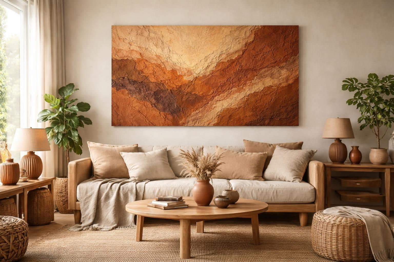 découvrez comment un tableau terracotta peut apporter une touche chaleureuse et naturelle à votre salon, sublimant votre décoration d'inspiration terre avec élégance.