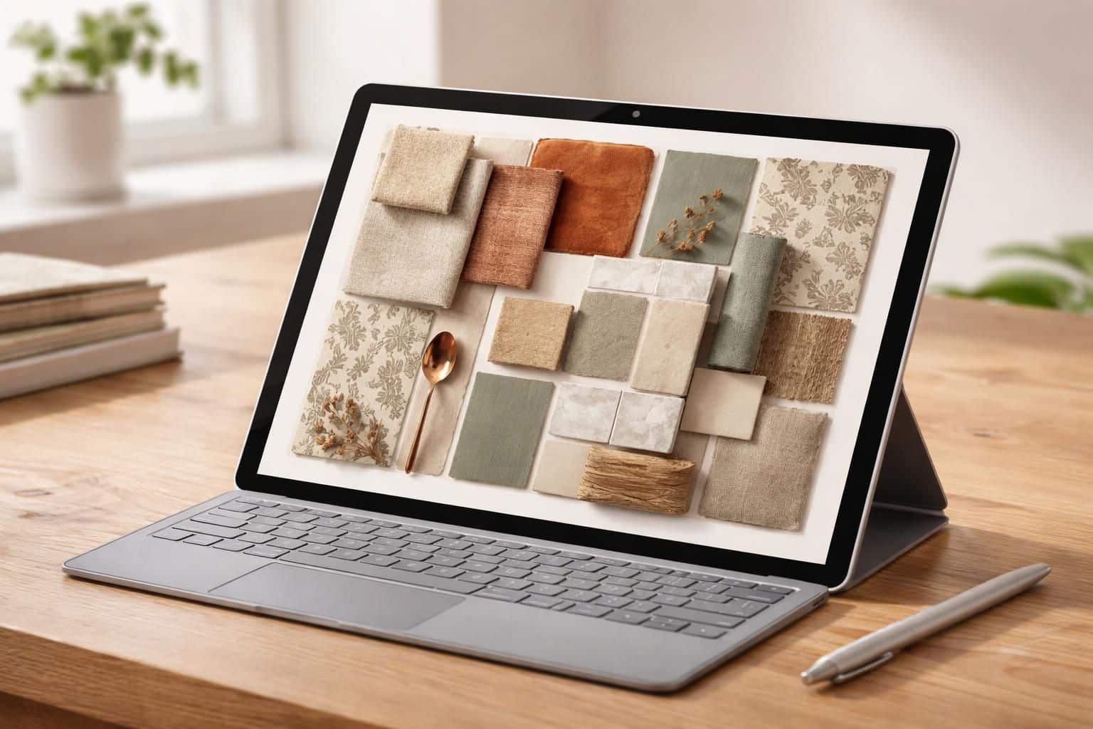 découvrez un moodboard déco mêlant matières et couleurs, conçu sur une tablette tactile microsoft pour inspirer vos projets d'aménagement intérieur.