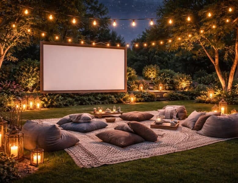 Jardin : soirées film et aménagement extérieur autour d’un écran de projection