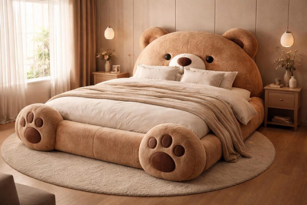 découvrez le lit en forme de nounours pour adultes, conçu pour 2 personnes, alliant confort et design original pour une chambre unique et cosy.