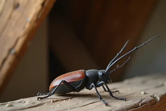 Gros plan hyperréaliste d'un capricorne des maisons sur une poutre en chêne dans un grenier ancien, montrant la texture fine de son exosquelette brun foncé