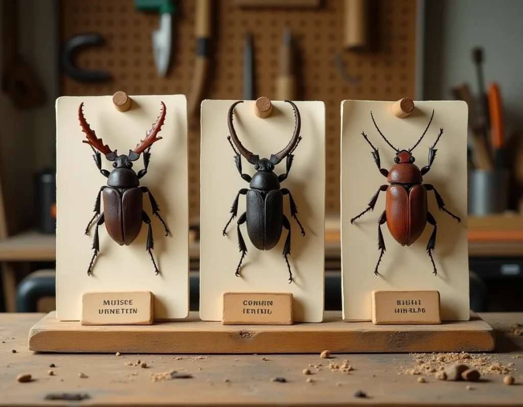 Comparaison entomologique de trois insectes xylophages sur un établi en bois : capricorne des maisons, vrillette et scolyte, avec étiquettes manuscrites