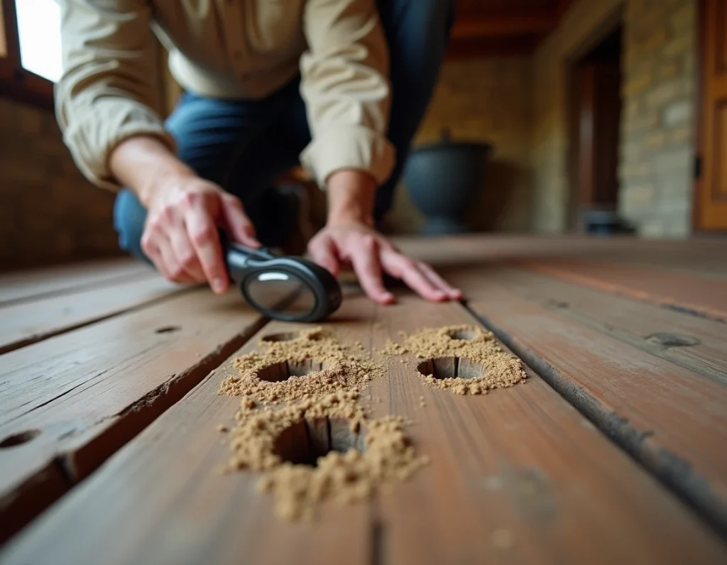 Homme inspectant des galeries et trous de sortie d'insectes xylophages dans un plancher en bois ancien avec une loupe, dans une maison de campagne française