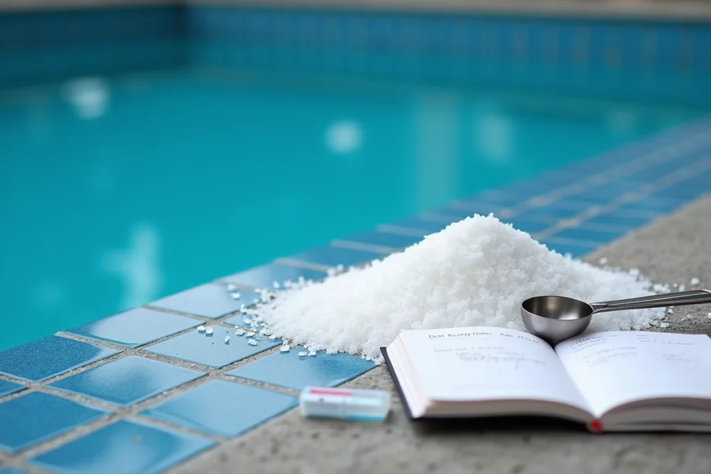 Sel cristallin pour piscine avec scoop métallique et carnet de dosage au bord d'un bassin