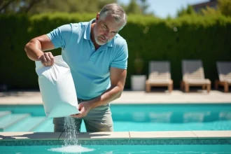 Homme versant du sel dans une piscine résidentielle en début de saison estivale