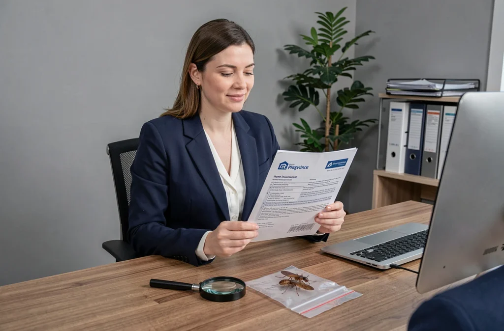 Agente d'assurance discutant d'une couverture habitation face à des preuves de termites ailés
