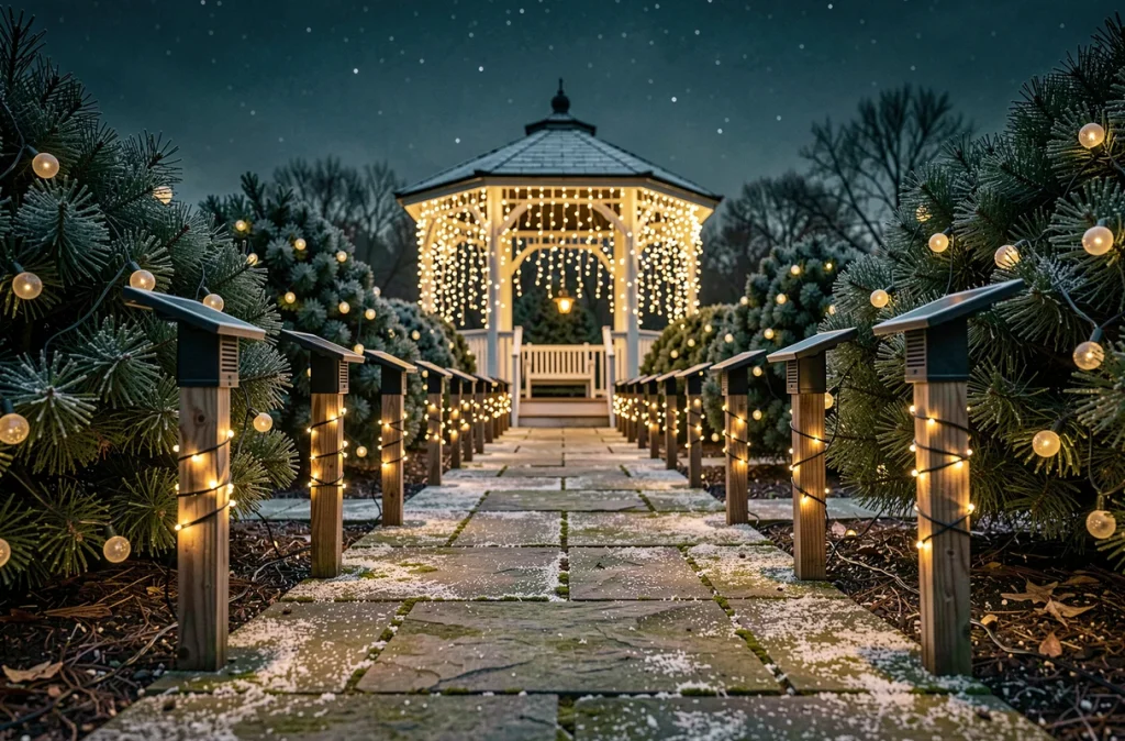 Allée de jardin bordée de lanternes solaires et de guirlandes lumineuses menant à un kiosque illuminé de lumières de Noël en hiver