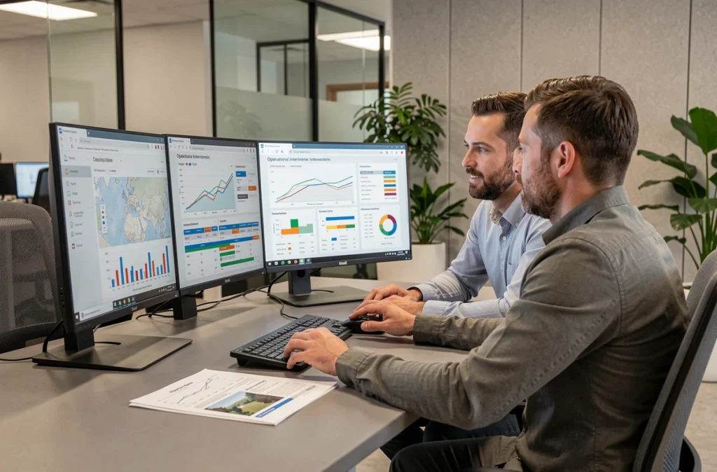 Deux techniciens analysant des rapports d'interventions sur site dans un bureau avec le logiciel Aedex Ec