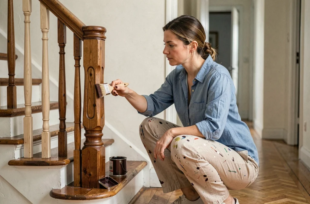 Femme appliquant une lasure sur les barreaux d'un escalier en bois lors d'une rénovation partielle