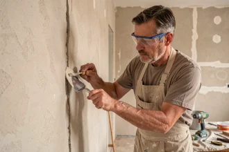 Artisan appliquant du map enduit dans une fissure profonde avec une spatule flexible sur un mur en plâtre