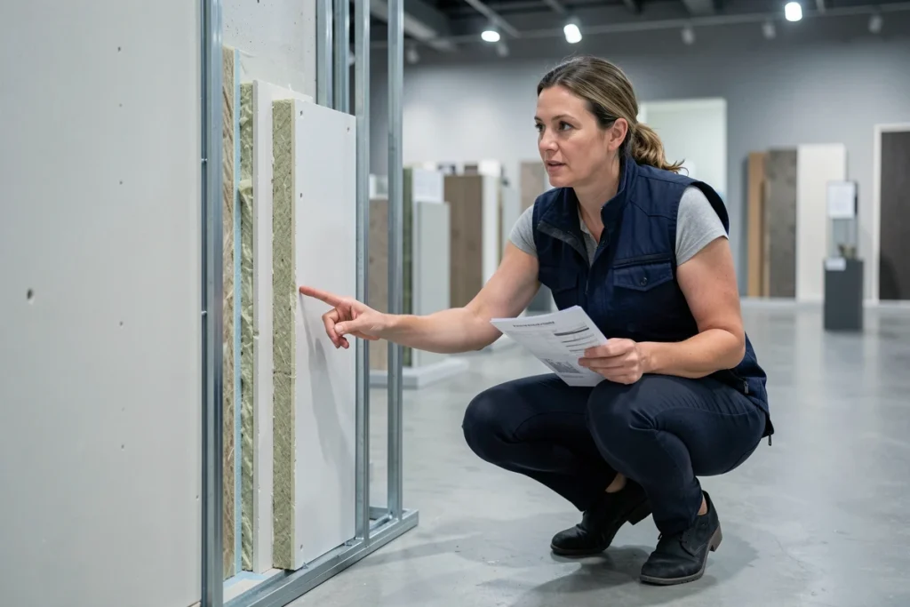 Architecte analysant une coupe transversale de mur isolé avec des plaques de plâtre et laine minérale selon les normes RT 2026