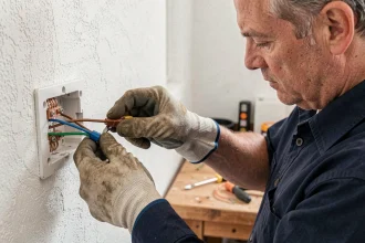 Électricien connectant trois fils électriques colorés dans une prise murale avec des gants isolants