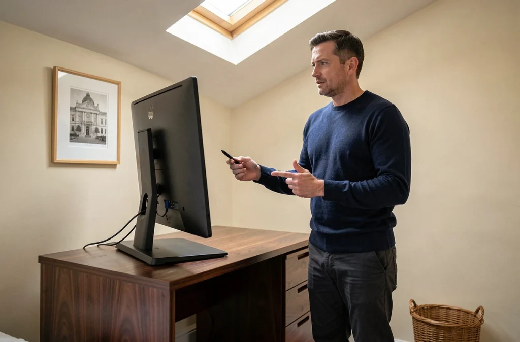 Homme utilisant un bureau réglable en hauteur dans un coin chambre aménagé en espace de travail avec verrière et rangements compacts