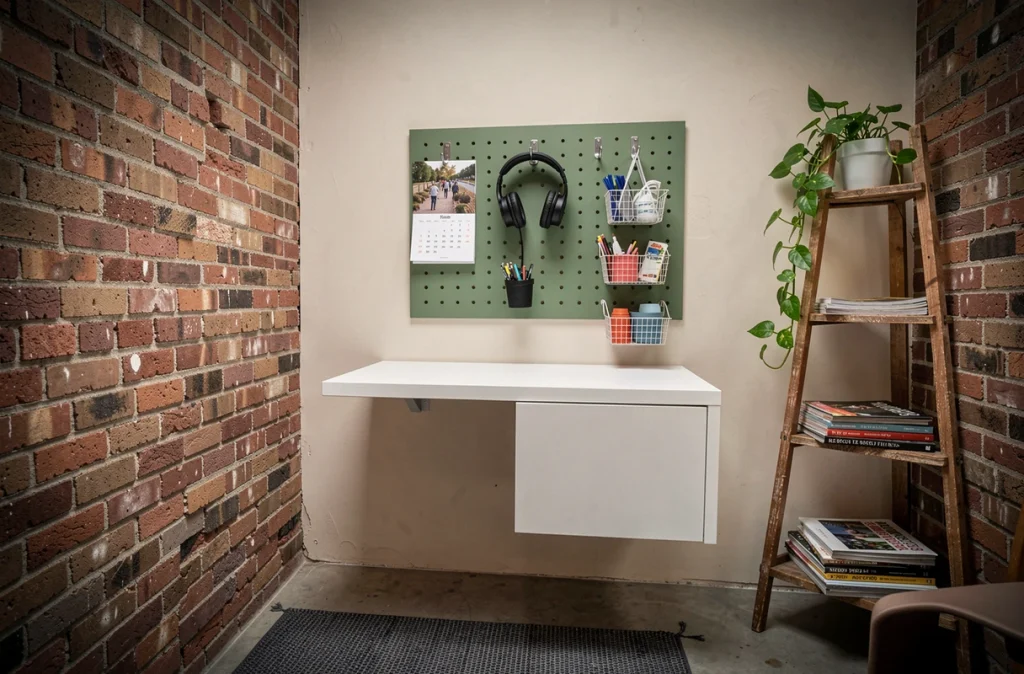 Bureau mural rabattable et panneau pegboard dans une petite pièce avec brique apparente et rangements muraux organisés