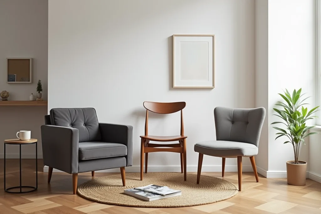 Trois chaises d'occasion dépareillées intégrées dans un intérieur moderne et élégant avec parquet en chevrons