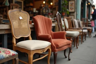 Sélection de chaises d'occasion exposées sur un marché aux puces parisien avec des étiquettes de prix manuscrites