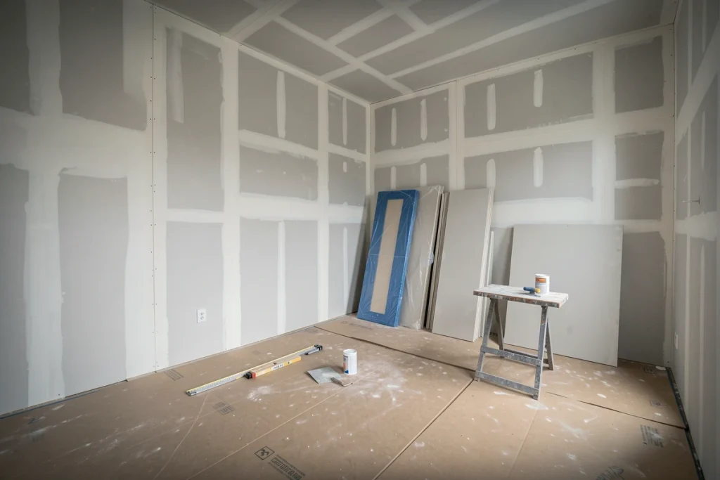 Vue grand angle d'une pièce en fin de travaux avec plaques de plâtre posées et joints en cours de séchage pour une isolation conforme RT 2026