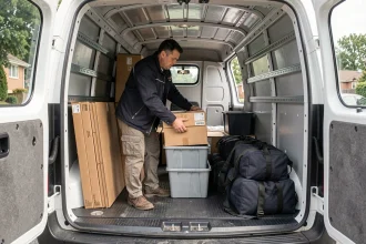 Homme chargeant des cartons et des bacs de rangement dans un véhicule utilitaire blanc, optimisant l'espace cargo avec des rails d'ancrage muraux