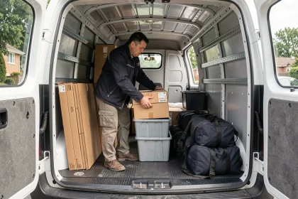 Homme chargeant des cartons et des bacs de rangement dans un véhicule utilitaire blanc, optimisant l'espace cargo avec des rails d'ancrage muraux