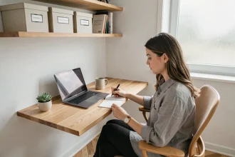 Femme travaillant à un bureau compact aménagé dans un coin de petite pièce avec étagères flottantes et parquet en chevron