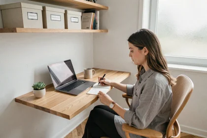 Femme travaillant à un bureau compact aménagé dans un coin de petite pièce avec étagères flottantes et parquet en chevron