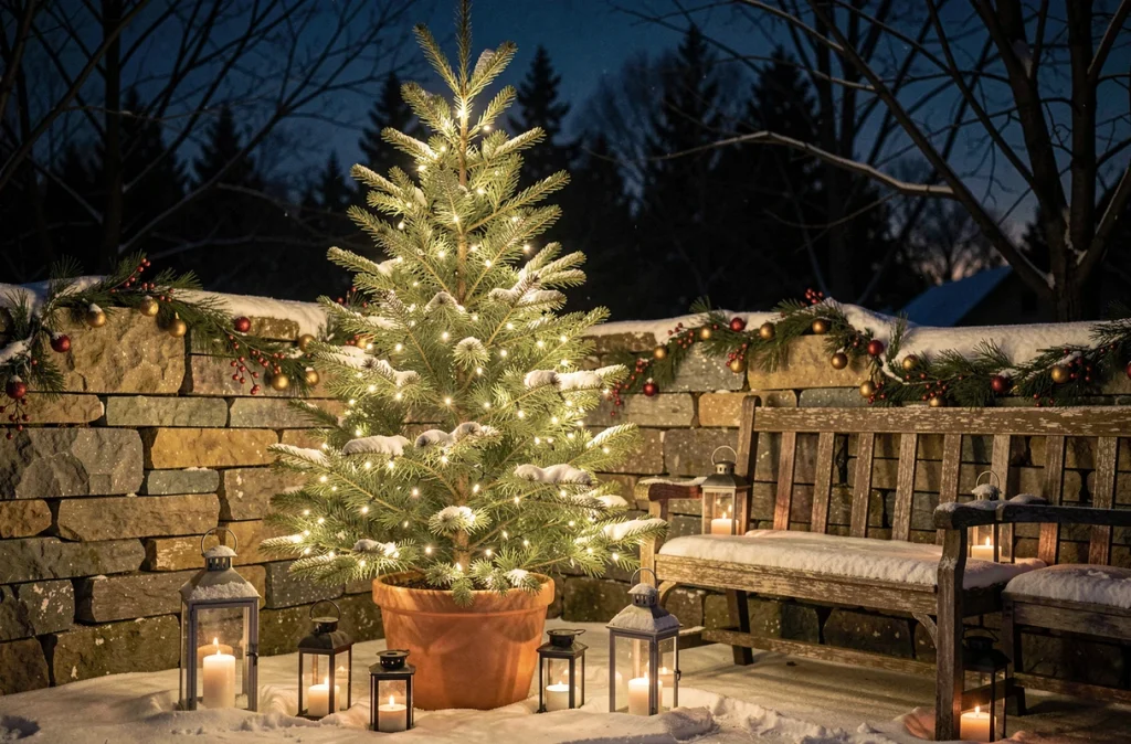 Coin de jardin hivernal décoré d'un épicéa en pot illuminé de micro-LED blanches, lanternes en verre et guirlande de baies rouges sur un banc enneigé