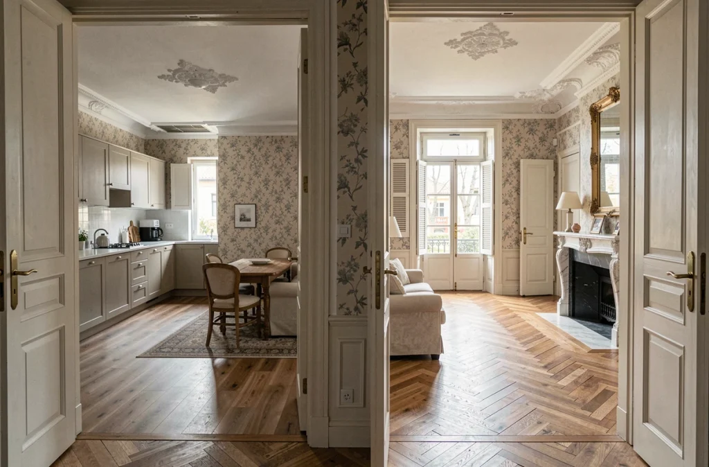 Comparaison intérieure entre un pavillon de banlieue modeste et une villa bourgeoise raffinée, illustrant les différences architecturales et patrimoniales entre ces deux typologies résidentielles.