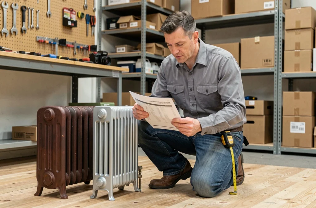 Artisan plombier comparant un radiateur en fonte et un radiateur en acier avec une fiche de prix dans un atelier