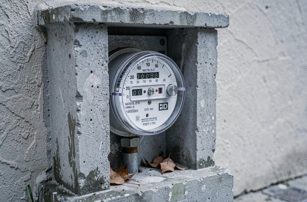 Compteur d'eau analogique installé dans une niche en béton extérieure d'une maison résidentielle