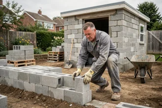 Homme posant des parpaings pour construire un garage de 20m2 soi-même dans un jardin pavillonnaire