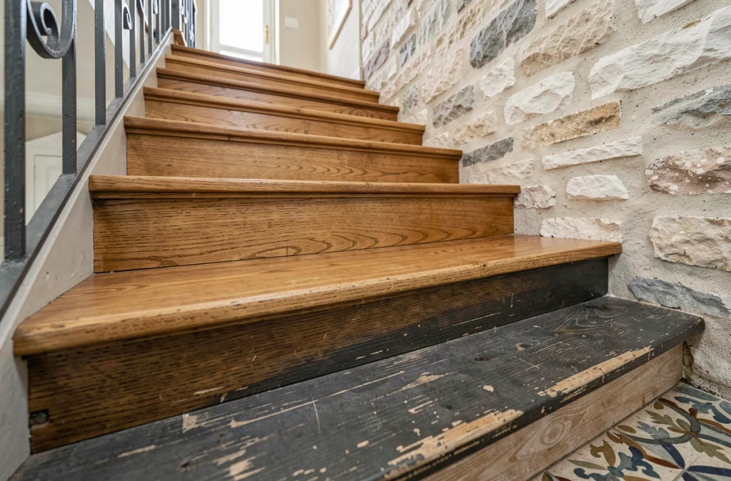 Contraste entre une marche d'escalier en bois rénovée et une marche usée avant restauration