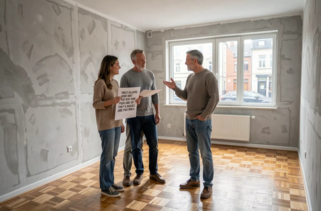 Couple discutant d'un devis décoration intérieure dans un appartement vide avant rénovation