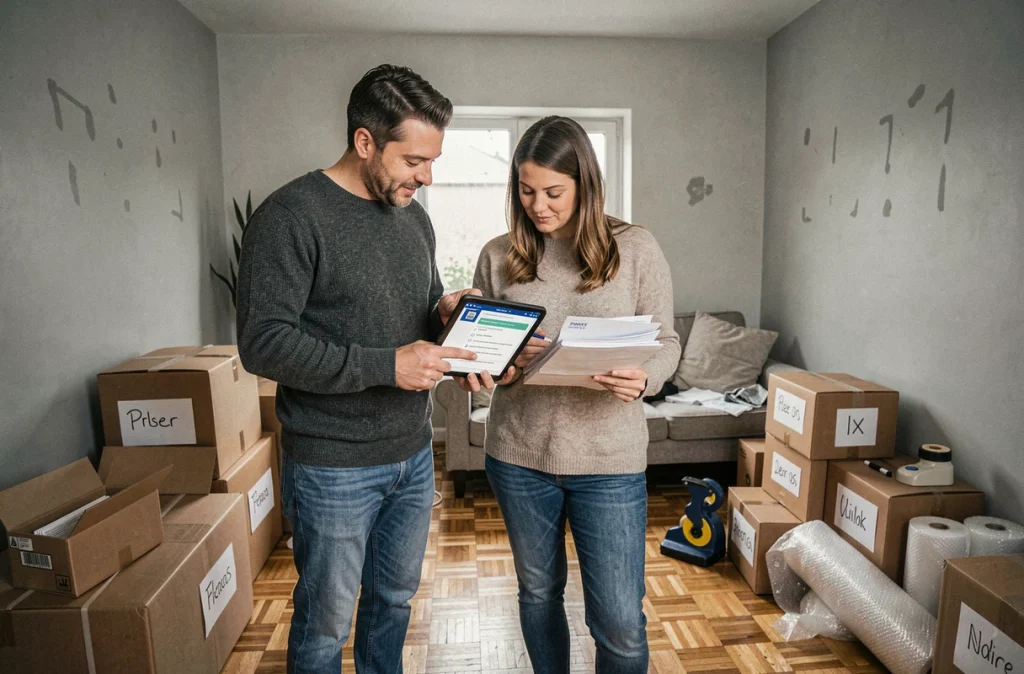 Couple vérifiant la confirmation de réexpédition de courrier sur une tablette lors de leur déménagement