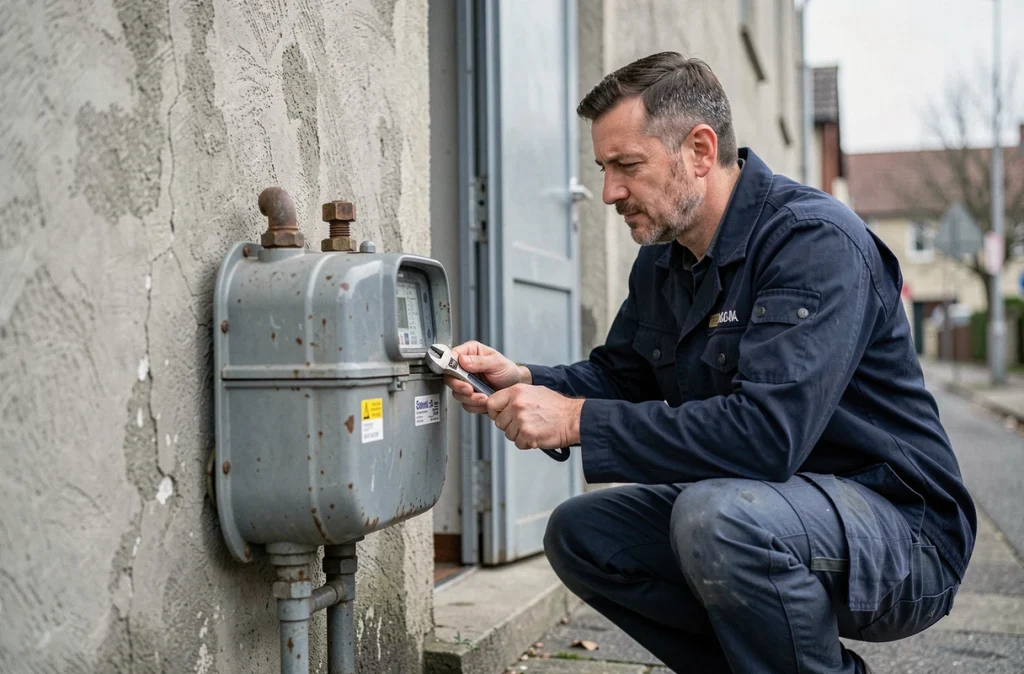 Technicien coupant le gaz sur un compteur extérieur lors d'une mise en service pour un déménagement