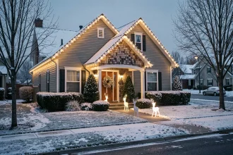 Maison de banlieue décorée de guirlandes lumineuses blanches et de silhouettes de rennes illuminées dans un jardin enneigé au crépuscule