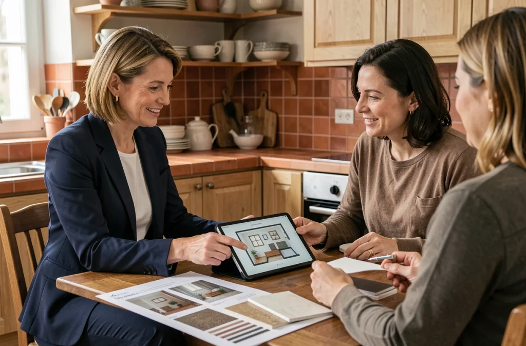 Décoratrice d'intérieur présentant un devis et des échantillons de matériaux à un client dans une cuisine moderne