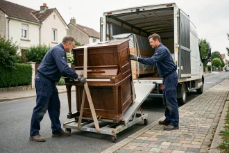 Deux déménageurs professionnels chargeant un piano droit dans un camion de déménagement spécialisé dans une rue résidentielle française