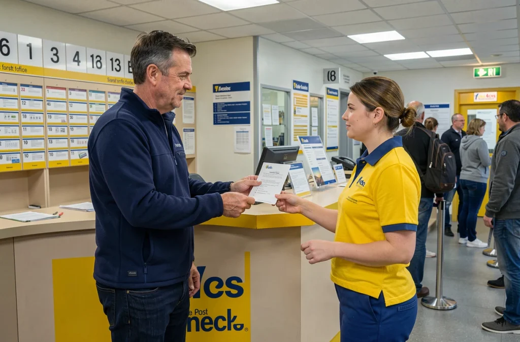 Homme déposant une demande de réexpédition de courrier au guichet de La Poste avant son déménagement