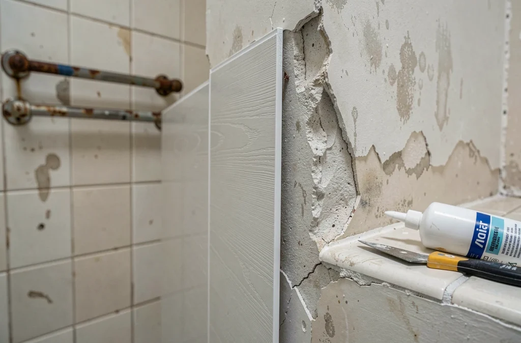 Détail d'une dalle PVC murale installée sur un mur de salle de bain fissuré et dégradé