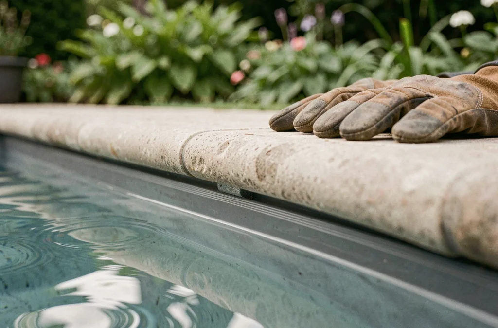 Détail du bord d'un liner neuf fixé sur le rail de la margelle d'une piscine en cours de remplissage