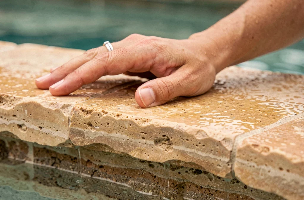 Détail d'une margelle en grès naturel au bord d'une piscine avec reflets dans l'eau