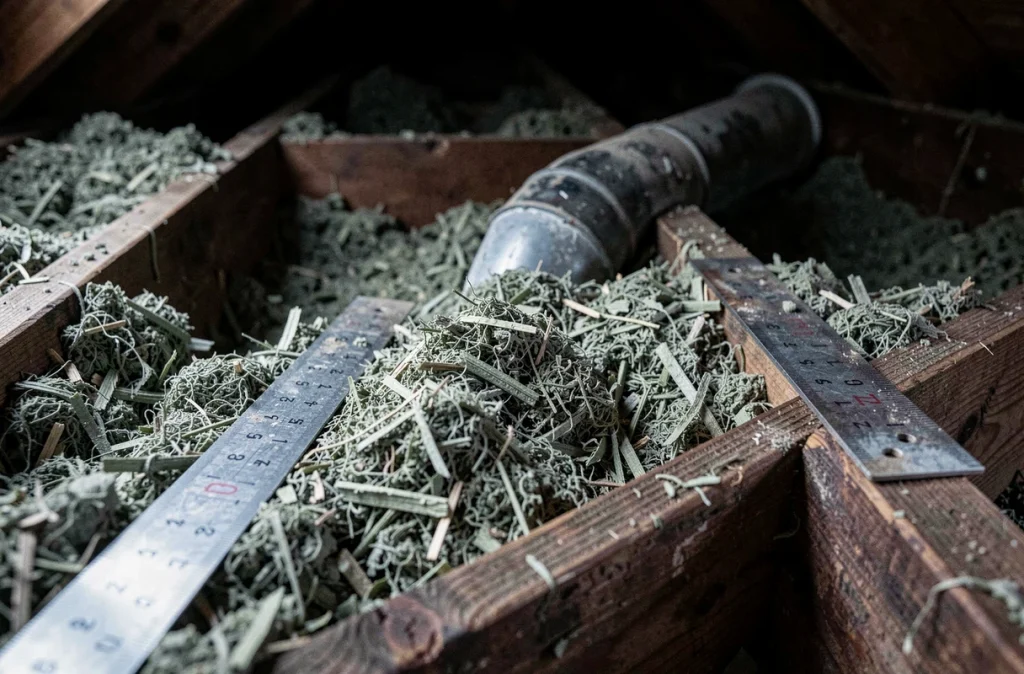 Détail en gros plan d'une isolation en ouate de cellulose soufflée entre les solives de combles en bois