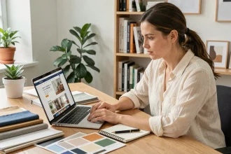 Femme consultant un site de décoration intérieure sur laptop pour obtenir un devis gratuit en ligne