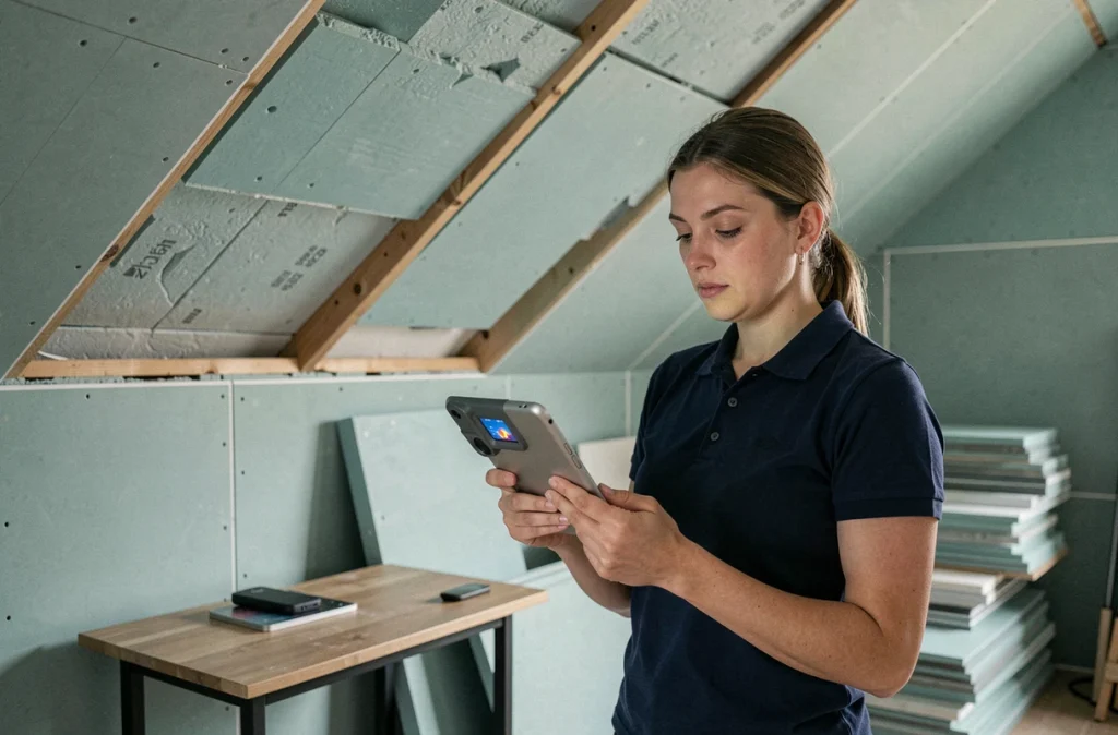 Conseillère en rénovation énergétique analysant l'isolation thermique de combles aménagés avec une caméra thermique