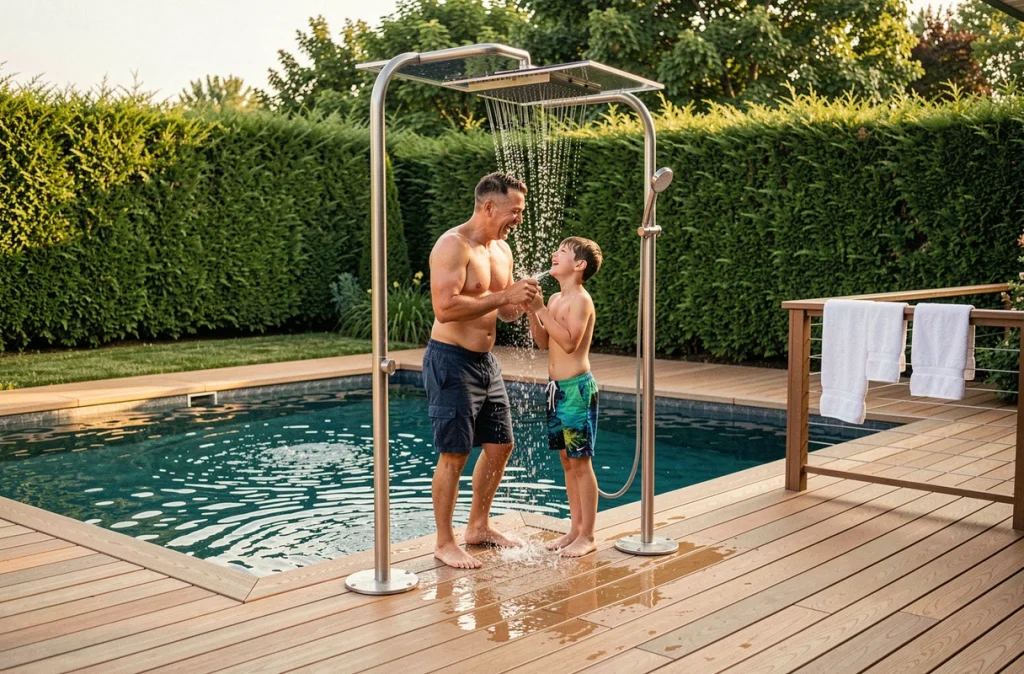 Père et fils utilisant une douche solaire autonome sur la terrasse d'une piscine familiale