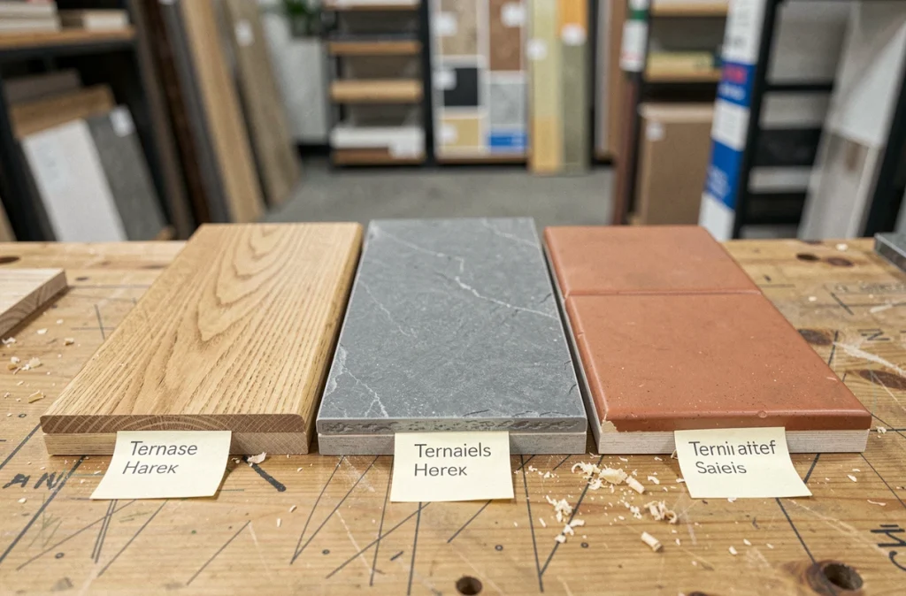 Comparaison d'échantillons de revêtements de sol pour entrée : parquet chêne, vinyle ardoise et carrelage terre cuite